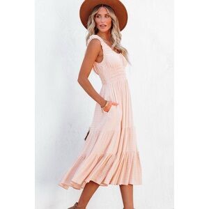 Smocked Ruched High Waist Midi Dress
